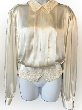 Ivory Satin Pleated Blouse with Embroidered Collar, Regency, XXL